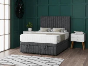 Apollo Ottoman Bed with a distinctive vertical-lined headboard, matching footboard, 23cm hidden storage and side or end lift options.