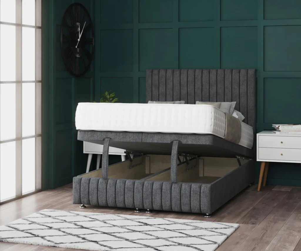 Apollo Ottoman Bed with a distinctive vertical-lined headboard, matching footboard, 23cm hidden storage and side or end lift options.