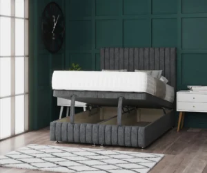 Apollo Ottoman Bed with a distinctive vertical-lined headboard, matching footboard, 23cm hidden storage and side or end lift options.