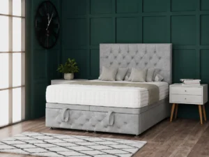 Chesterfield Ottoman Bed with a classic buttoned headboard, matching footboard, 23cm hidden storage and side or end lift options.
