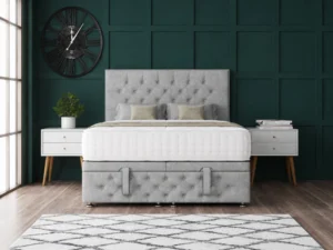 Chesterfield Ottoman Bed with a classic buttoned headboard, matching footboard, 23cm hidden storage and side or end lift options.