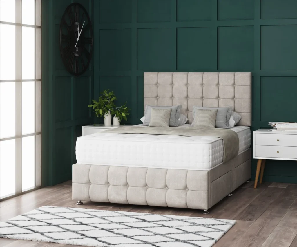 Omega Divan Bed Set With Footboard and buttoned geometric headboard by Dreamcraft Furniture
