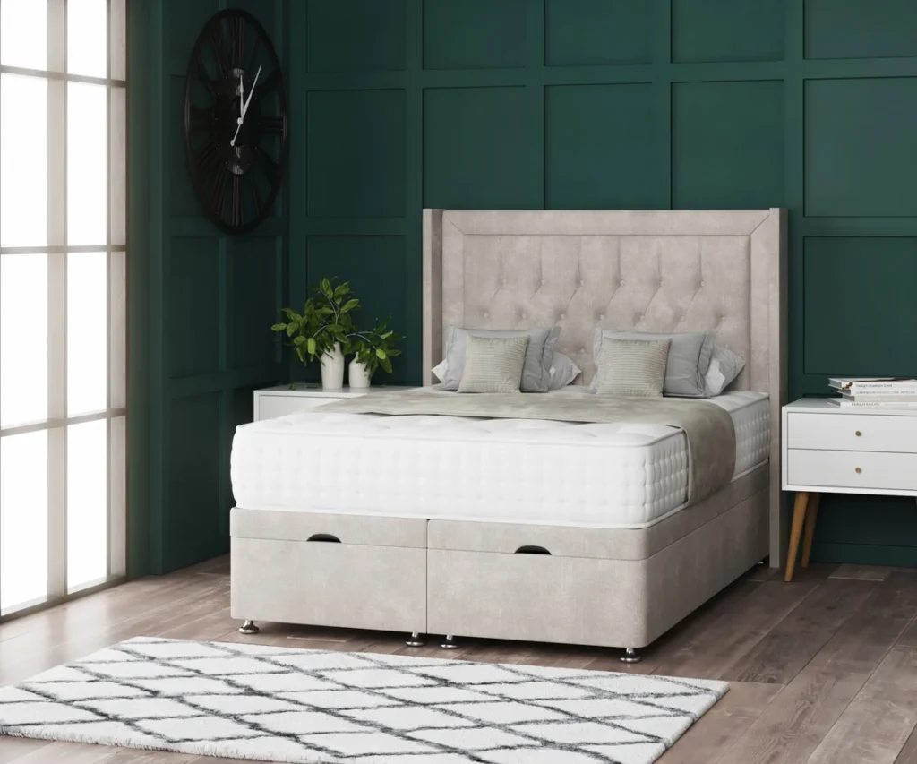 Miami Ottoman Bed with floor-standing wing headboard by Dreamcraft Furniture