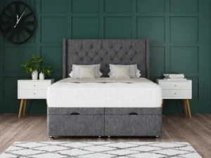 Chesterfield Ottoman Bed with diamond-tufted floor-standing wing headboard by Dreamcraft Furniture