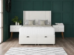 Porto Ottoman Bed with two-line floor-standing wing headboard by Dreamcraft Furniture