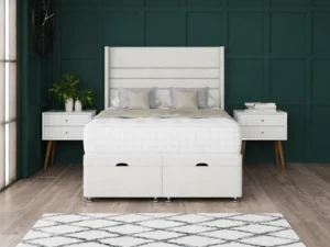 Paris Ottoman Bed with horizontal-lined floor-standing wing headboard by Dreamcraft Furniture