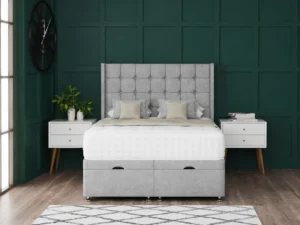 Omega Ottoman Bed with geometric buttoned floor-standing wing headboard by Dreamcraft Furniture