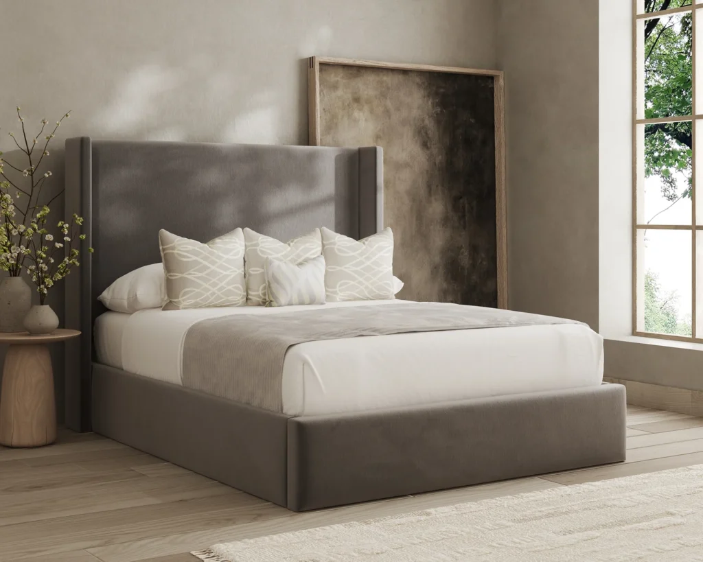 Jane Wingback Bed Frame featuring a tall minimalist headboard, subtle winged sides and a sleek, sophisticated design.