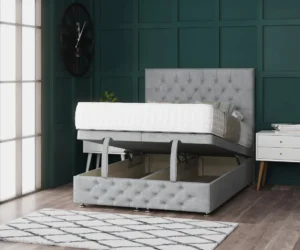 Chesterfield Ottoman Bed with a classic buttoned headboard, matching footboard, 23cm hidden storage and side or end lift options.