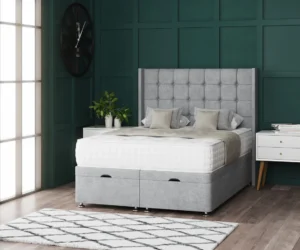 Omega Ottoman Bed with geometric buttoned floor-standing wing headboard by Dreamcraft Furniture