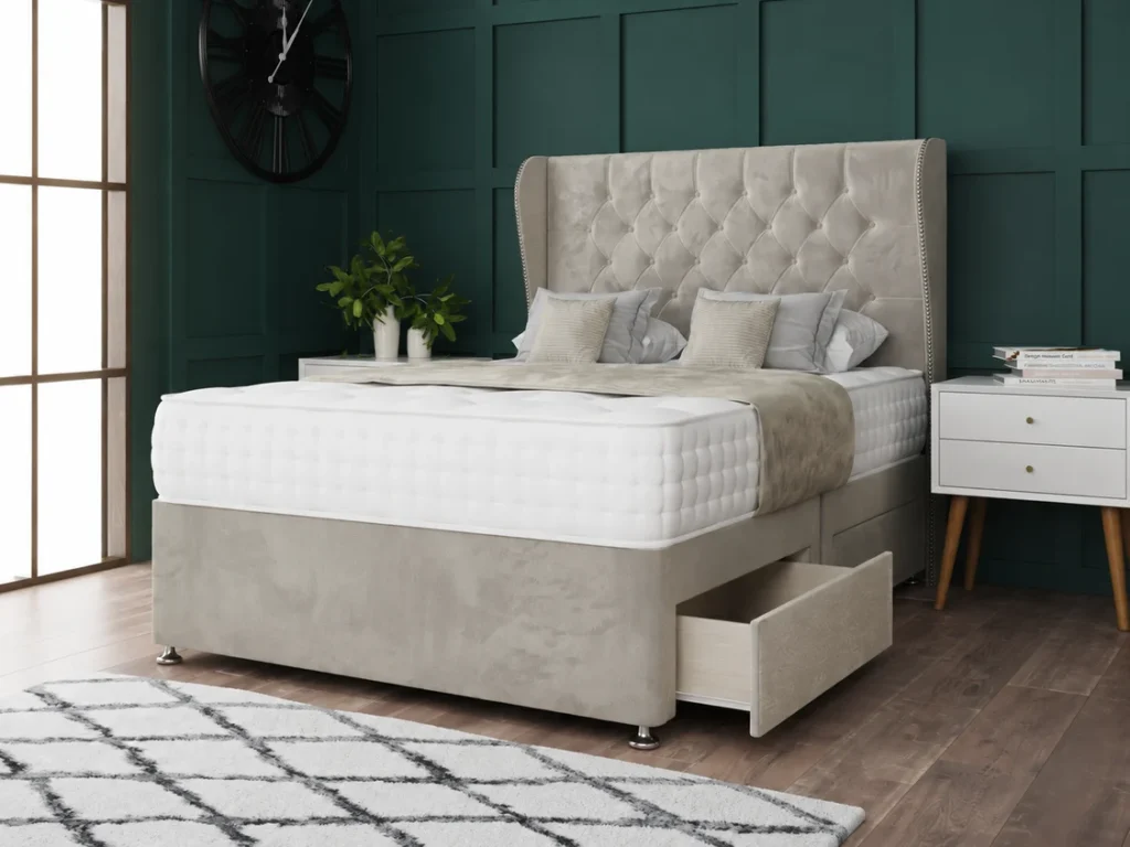 Chesterfield Curved Wing Divan Bed Set with diamond-tufted headboard by Dreamcraft Furniture