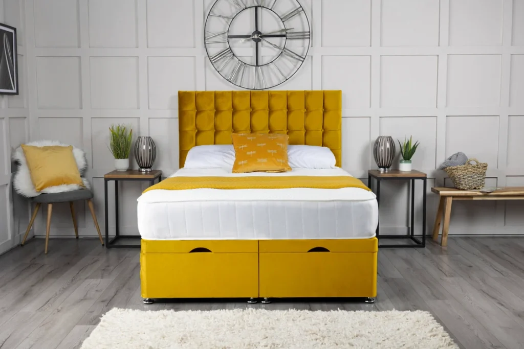 Omega Ottoman Bed with geometric buttoned headboard by Dreamcraft Furniture