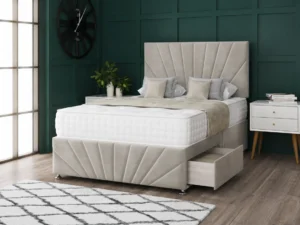 Sunrise Divan Bed Set With Footboard and radiating sun-inspired headboard by Dreamcraft Furniture