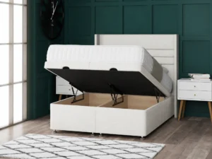 Paris Ottoman Bed with horizontal-lined floor-standing wing headboard by Dreamcraft Furniture