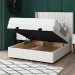 Apollo Ottoman Bed with vertical-lined floor-standing wing headboard by Dreamcraft Furniture