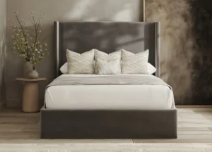Jane Wingback Bed Frame featuring a tall minimalist headboard, subtle winged sides and a sleek, sophisticated design.